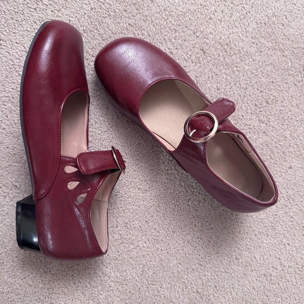 Mary Janes in Red with Gold Buckle and Cutouts Womens 7